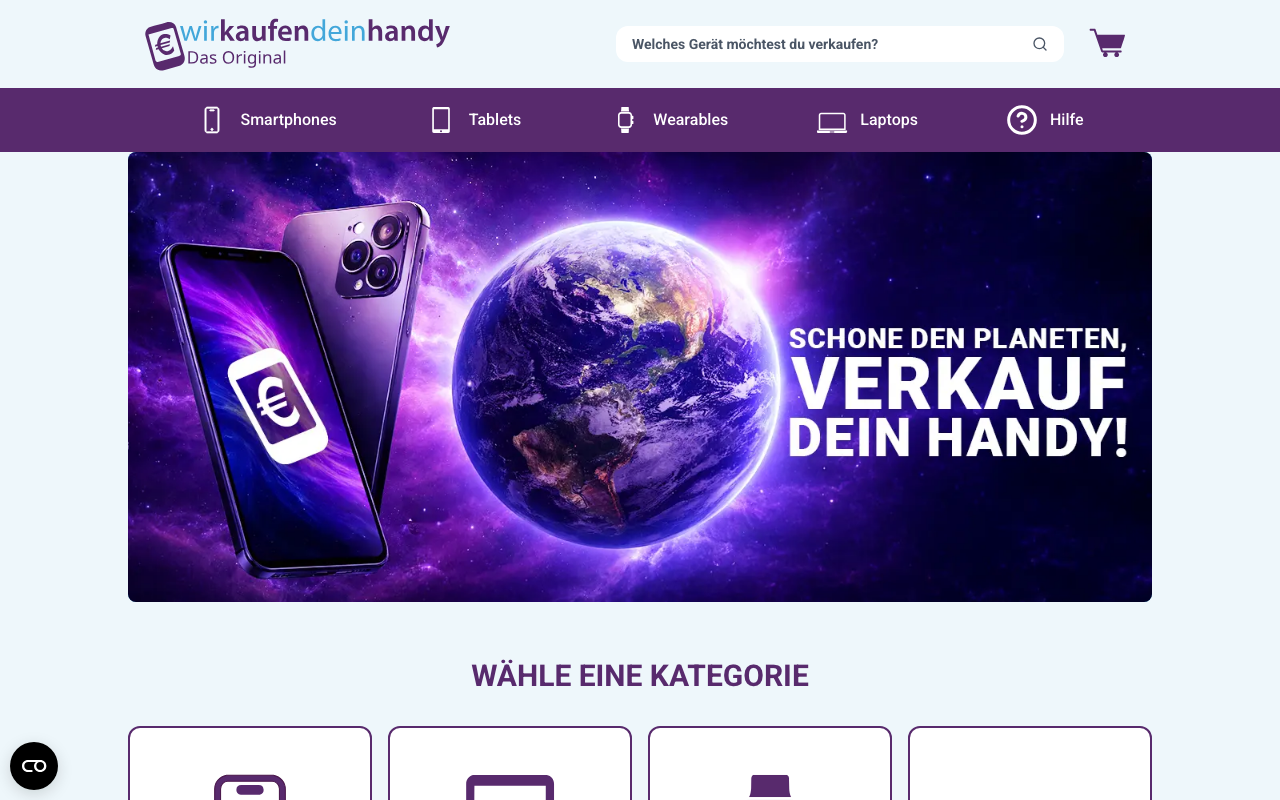 Screenshot der Wirkaufens-Startseite: Handy verkaufen beim Ankaufportal Wirkaufens