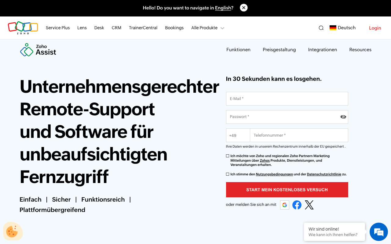 Zoho Assist Startseite Screenshot
