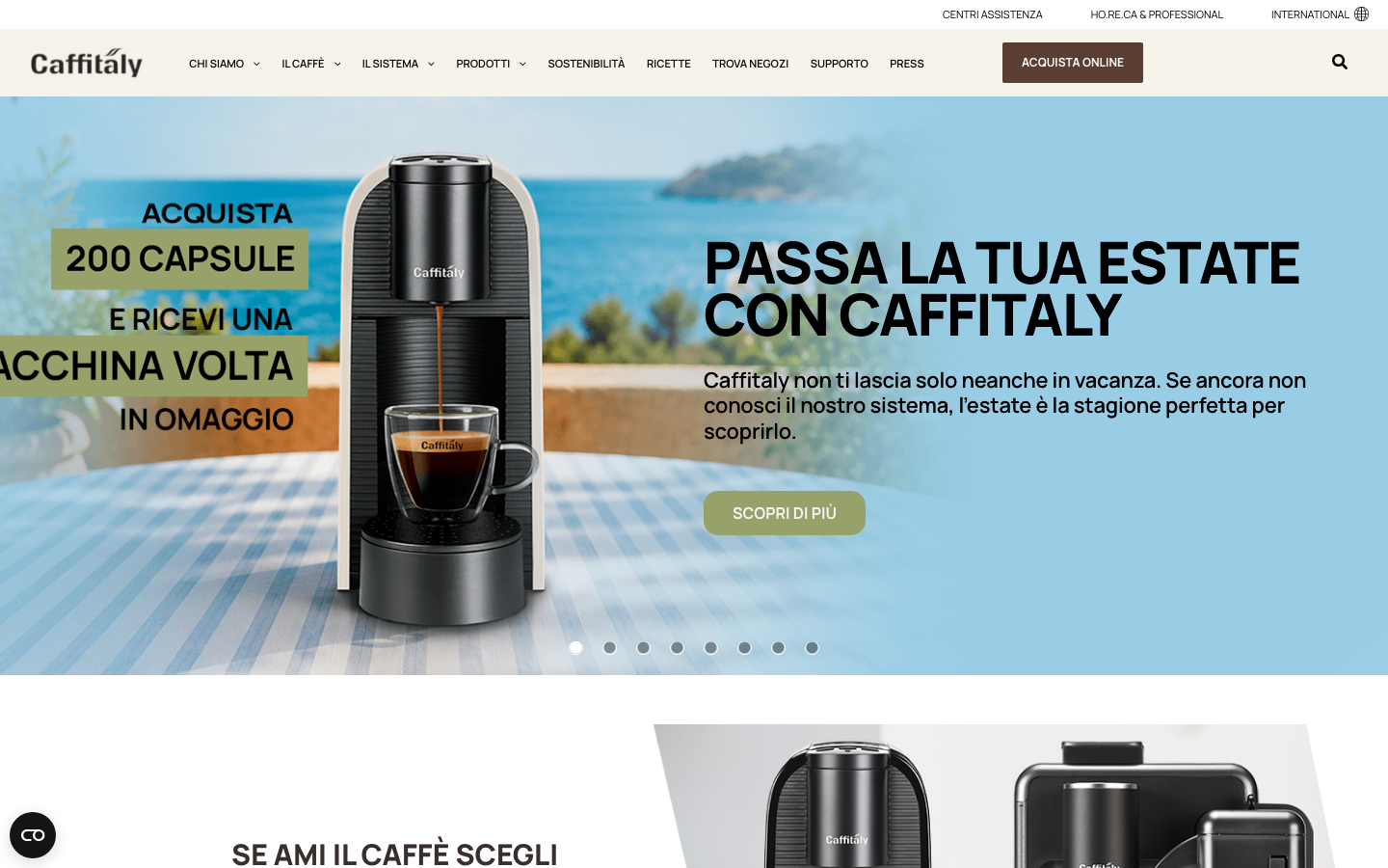 Startseite von Caffitaly mit einer Kapselmaschine und Kapseln