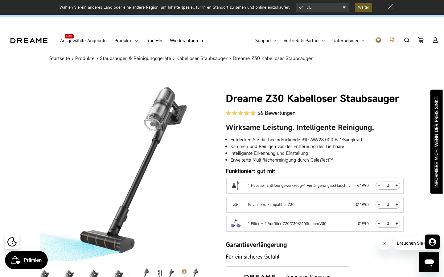 Dreame Z30 Produktseite mit Spezifikationen