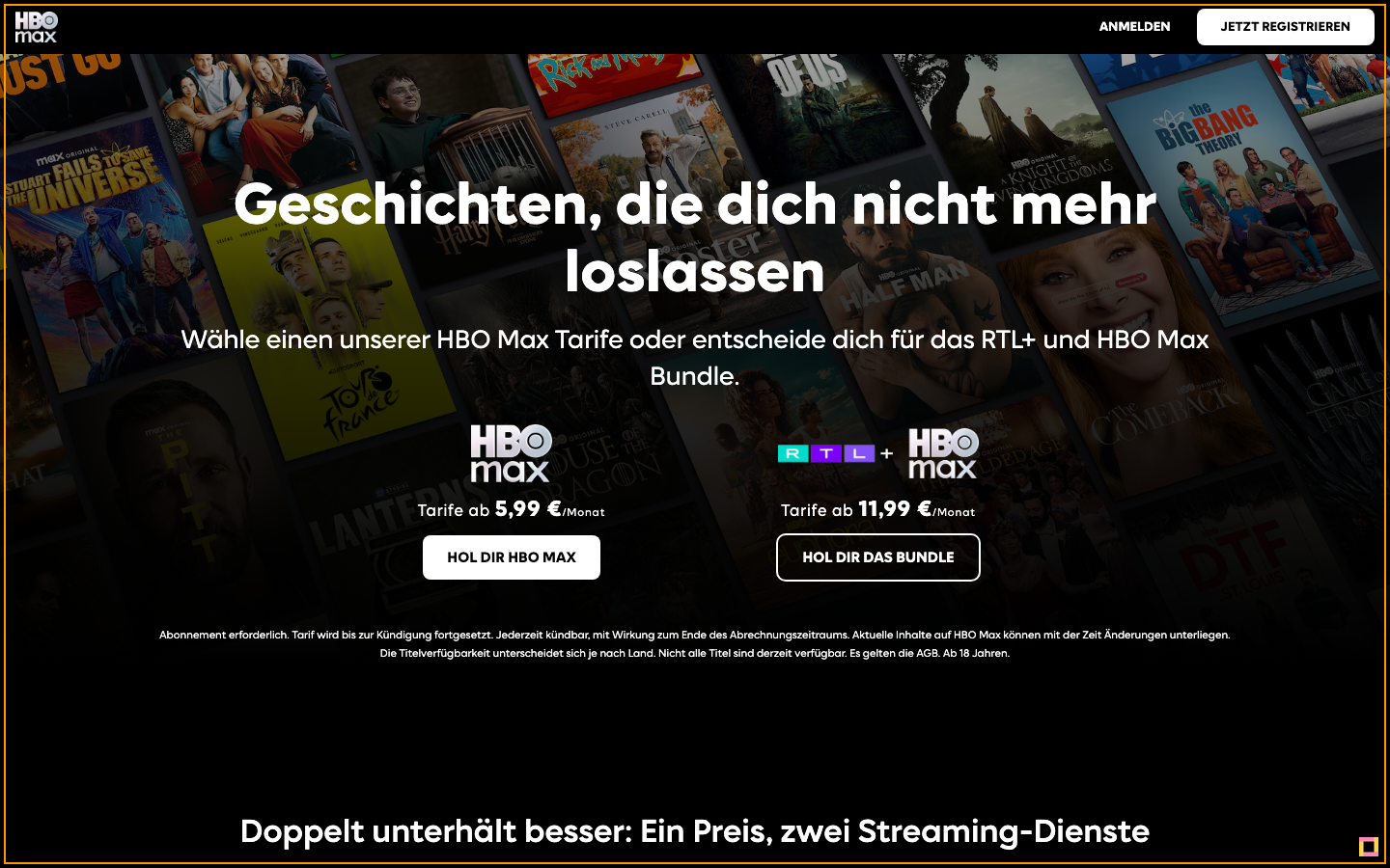 HBO Max Deutschland Startseite mit Tarifen ab 5,99 Euro und RTL+ Bundle ab 11,99 Euro