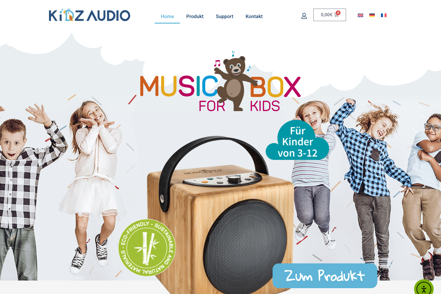 Startseite von KidzAudio mit der Music Box for Kids aus Bambus