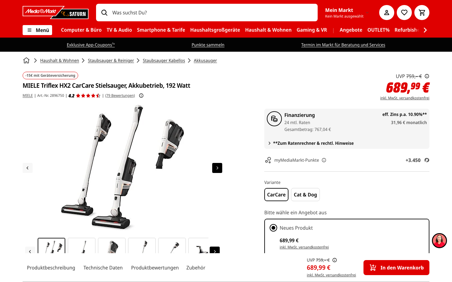 Miele Triflex HX2 CarCare Produktseite mit Preis