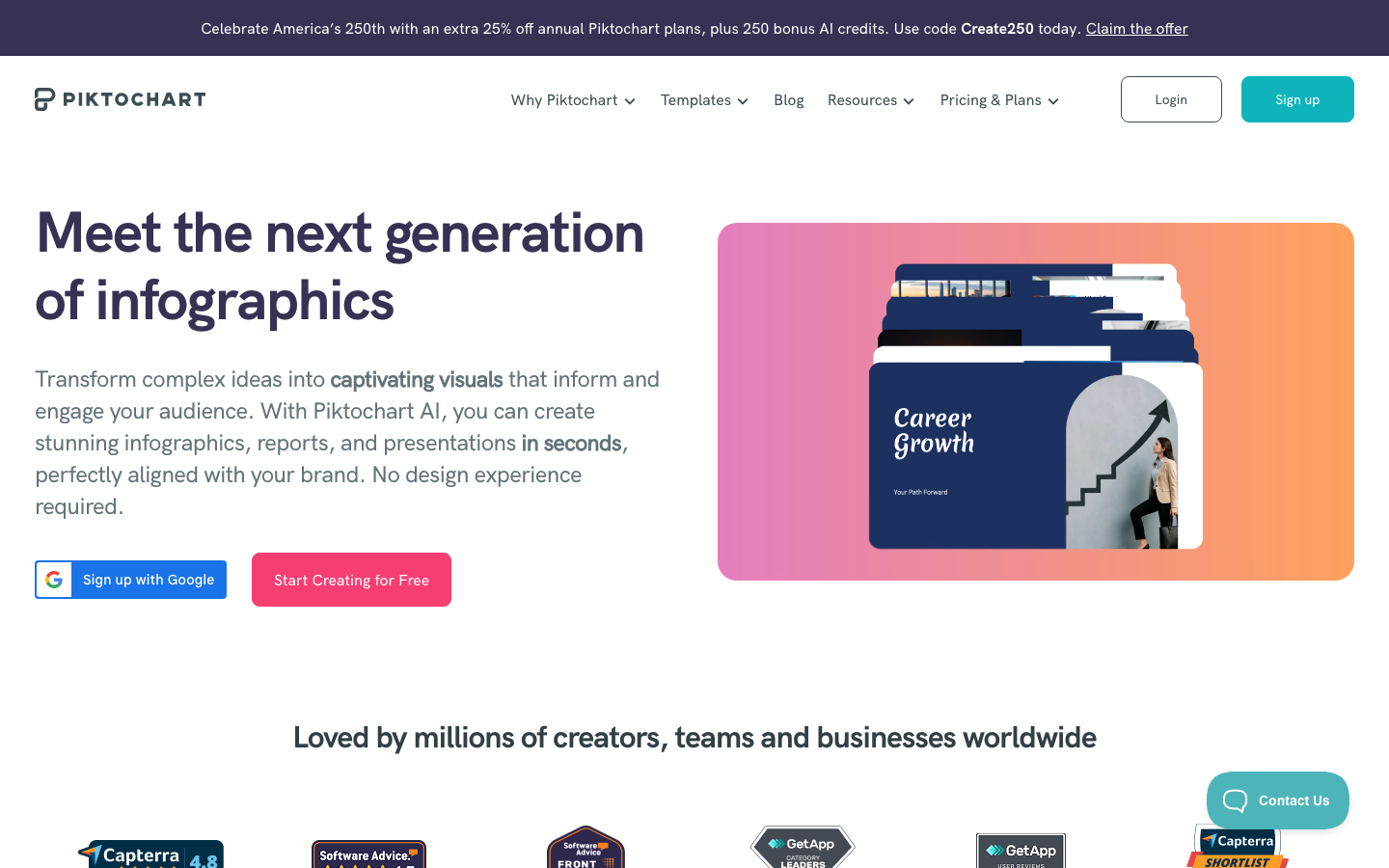Piktochart Startseite, Canva-Alternative für Infografiken und Berichte