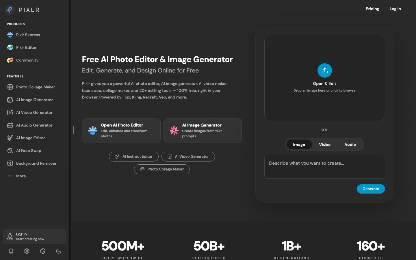 Pixlr Startseite, Canva-Alternative für Bildbearbeitung