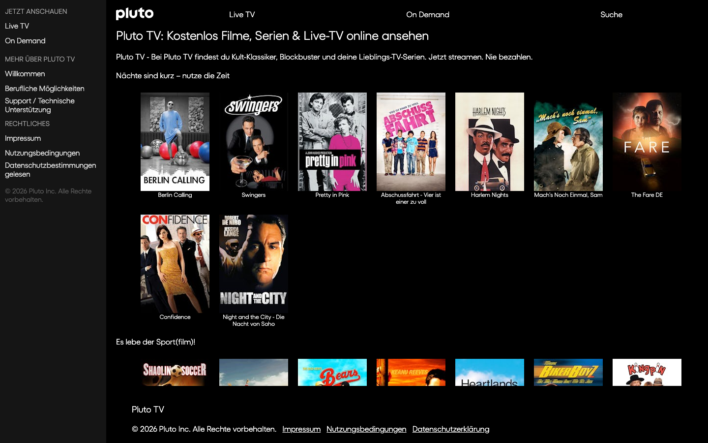 Pluto TV Startseite kostenlose Themensender ohne Anmeldung