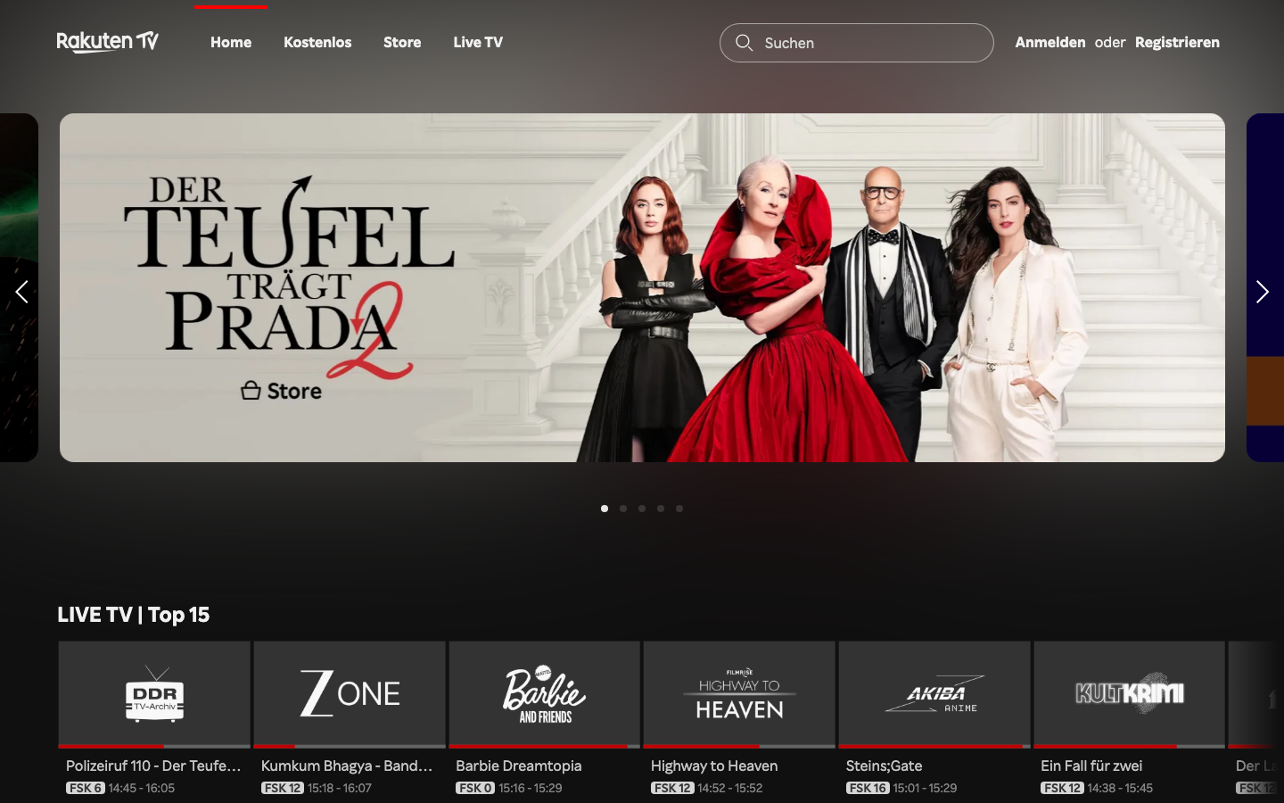 Rakuten TV Startseite mit kostenlosem Free-Bereich