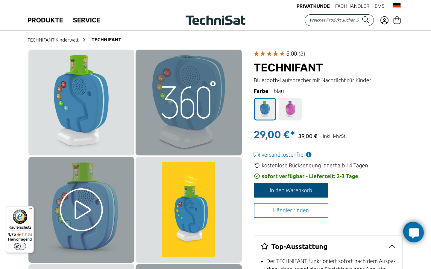 Produktseite des Technifant Bluetooth-Lautsprechers bei TechniSat