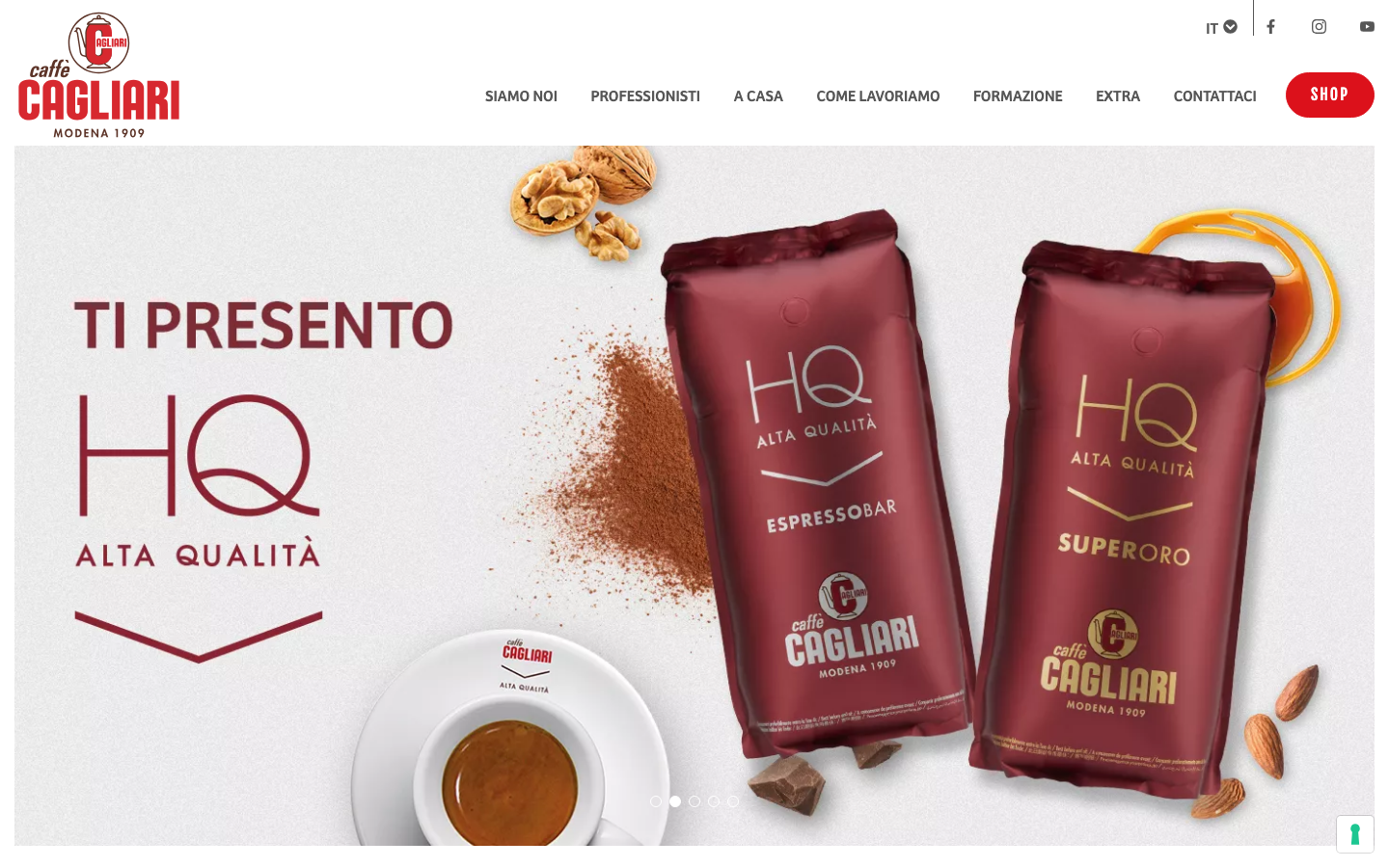 Startseite von Caffè Cagliari mit den HQ Alta Qualità Kaffeepackungen