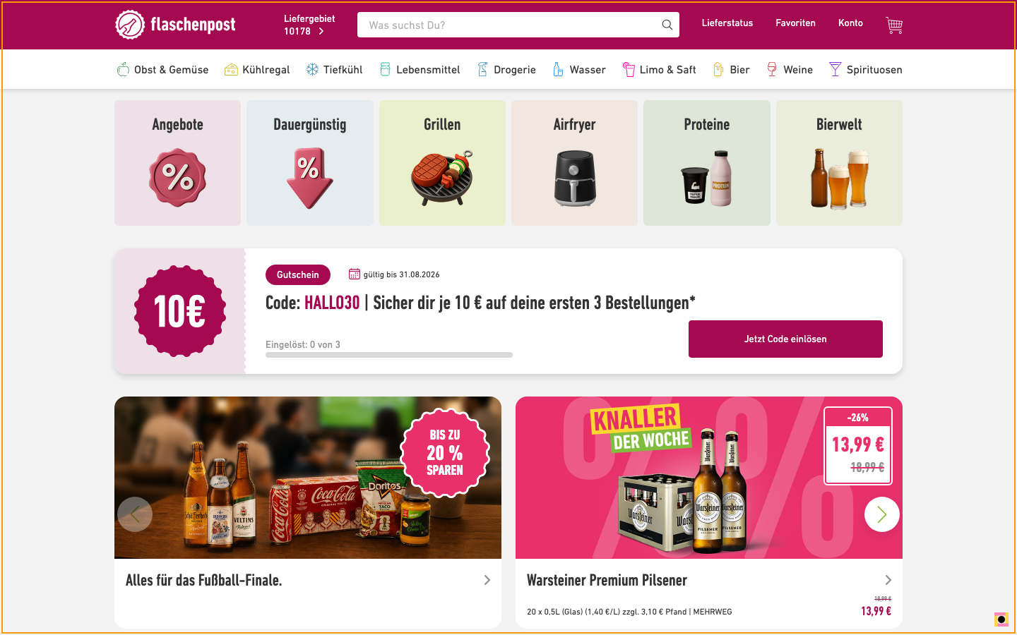 Startseite von flaschenpost.de mit Kategorien und Angeboten