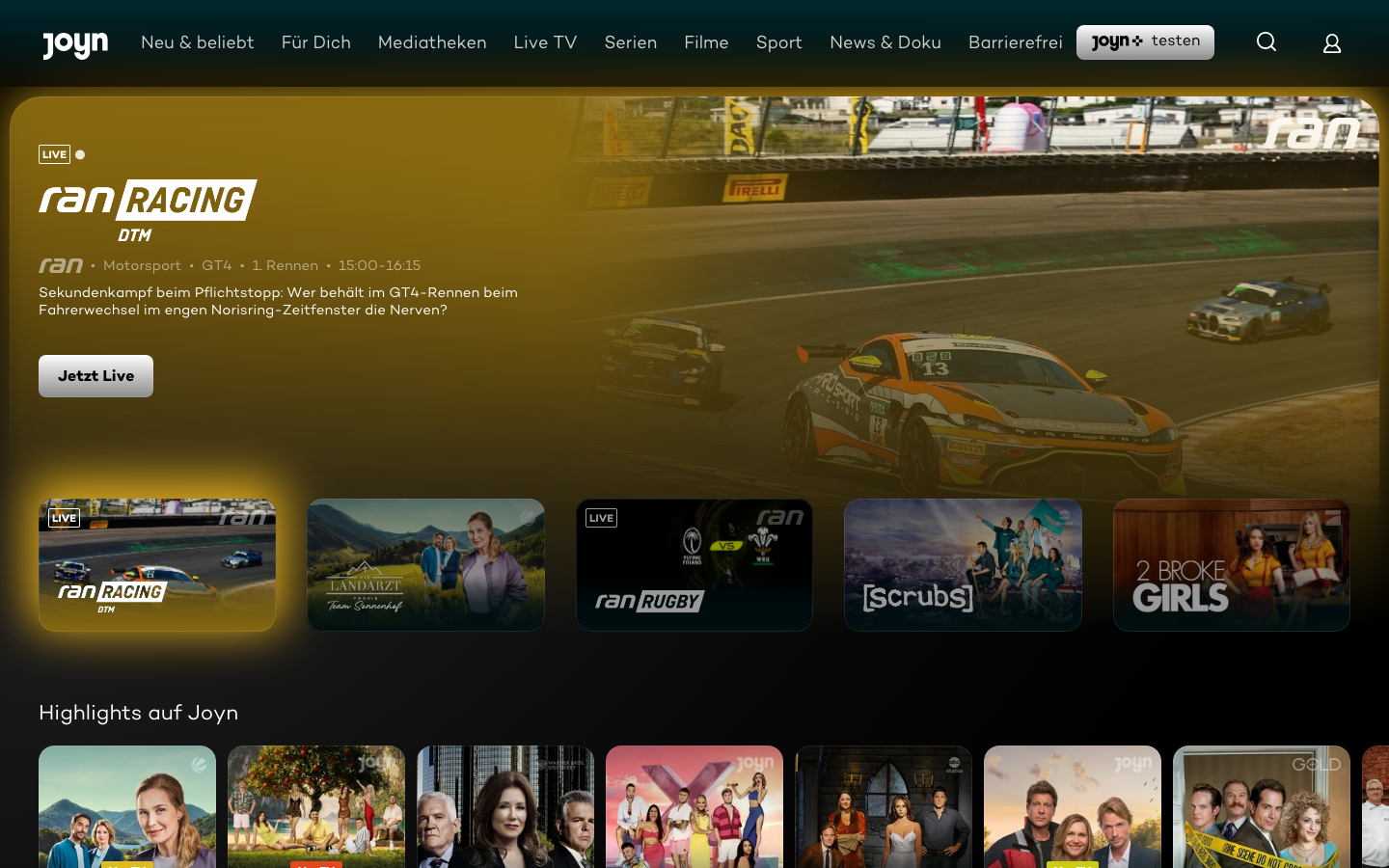 Joyn Startseite mit kostenlosem Live-TV Angebot