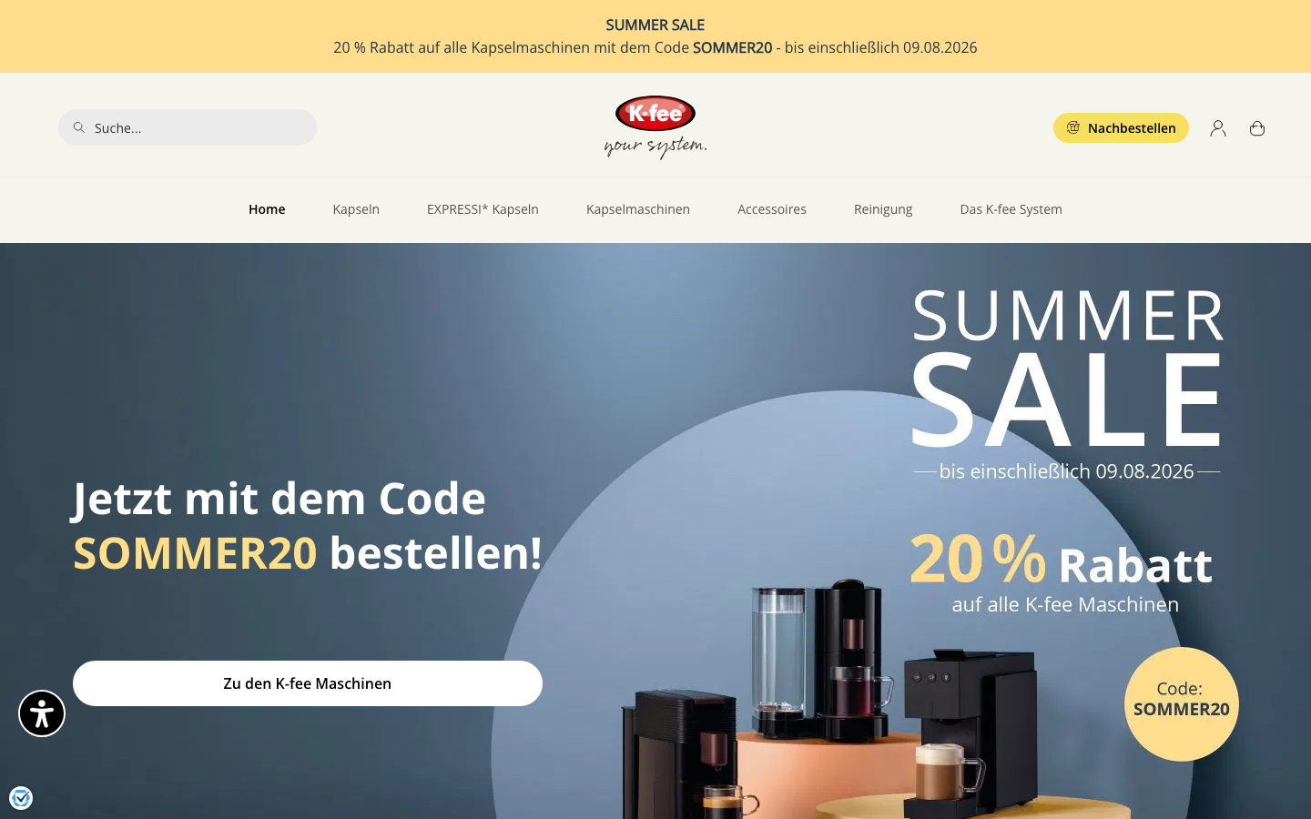 Startseite des K-fee Onlineshops mit ESPRESTO Sommeraktion