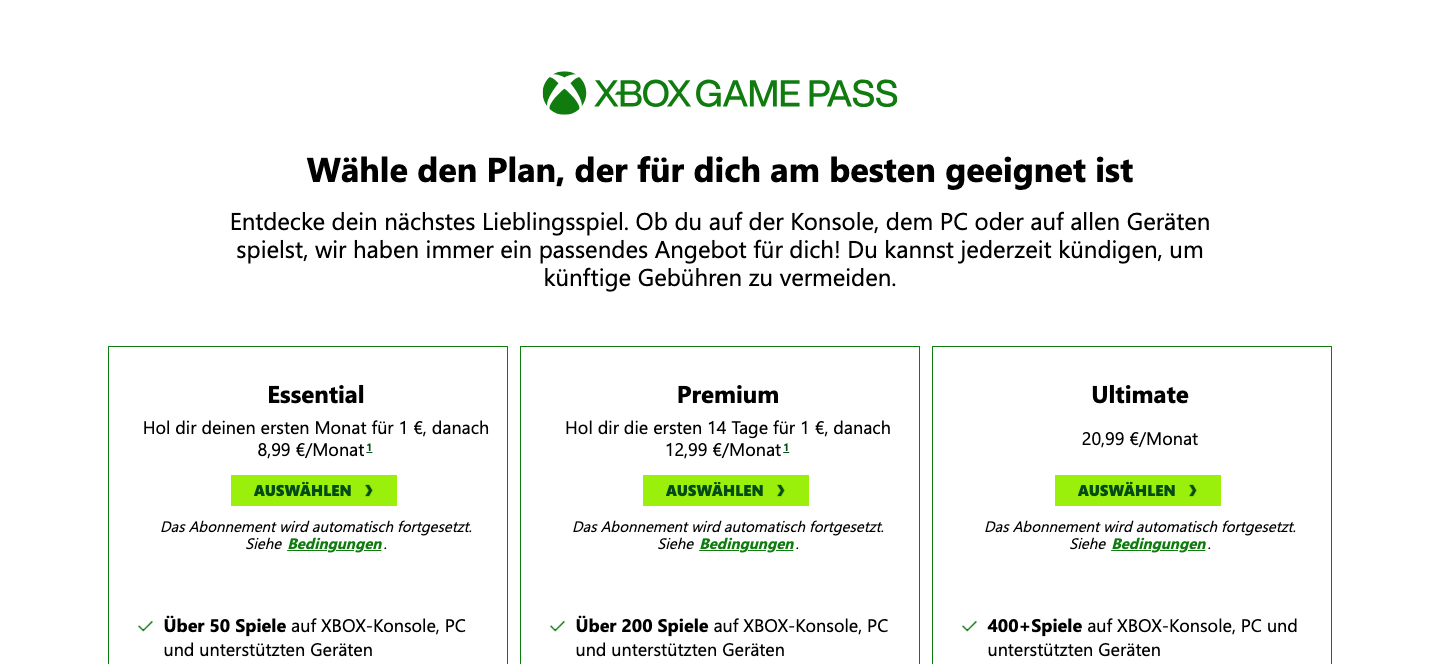 Screenshot der offiziellen Xbox-Website mit den Game-Pass-Preisen Essential, Premium und Ultimate