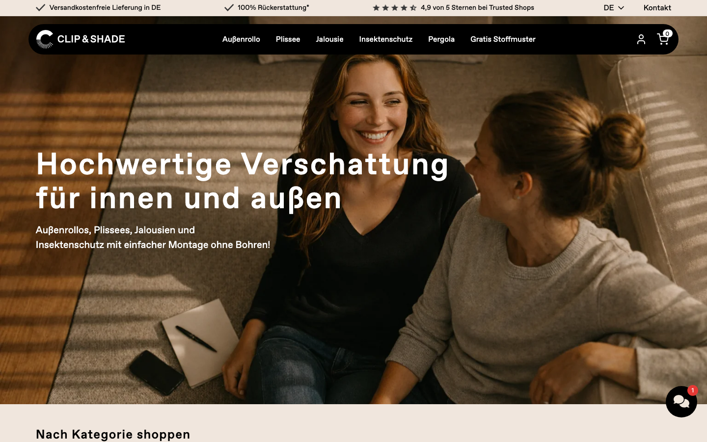 CLIP N SHADE Website mit Aussenrollo ohne Bohren als Blinos-Alternative