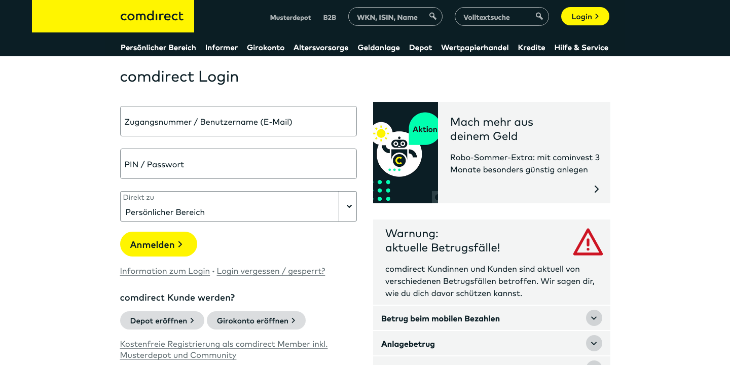 Screenshot der echten comdirect Login-Seite mit Zugangsnummer- und PIN-Feld sowie dem Betrugswarnhinweis