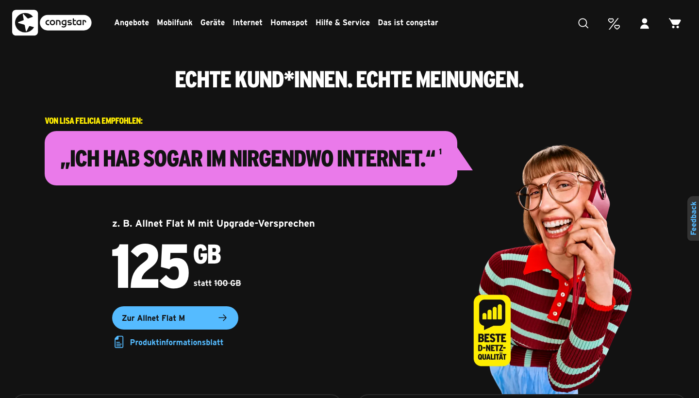 Congstar Startseite, Anbieter des Homespot und Go Tarifs
