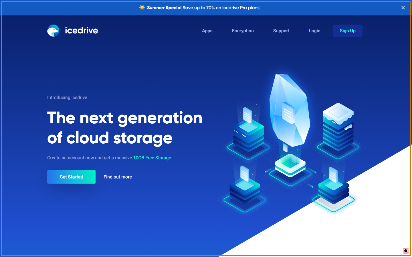Startseite von Icedrive, kostenlose Cloud mit 10 GB und moderner Oberfläche