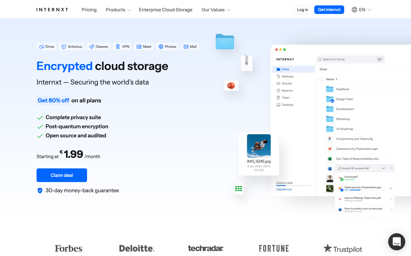 Startseite von Internxt, europäische Cloud mit Zero-Knowledge-Verschlüsselung