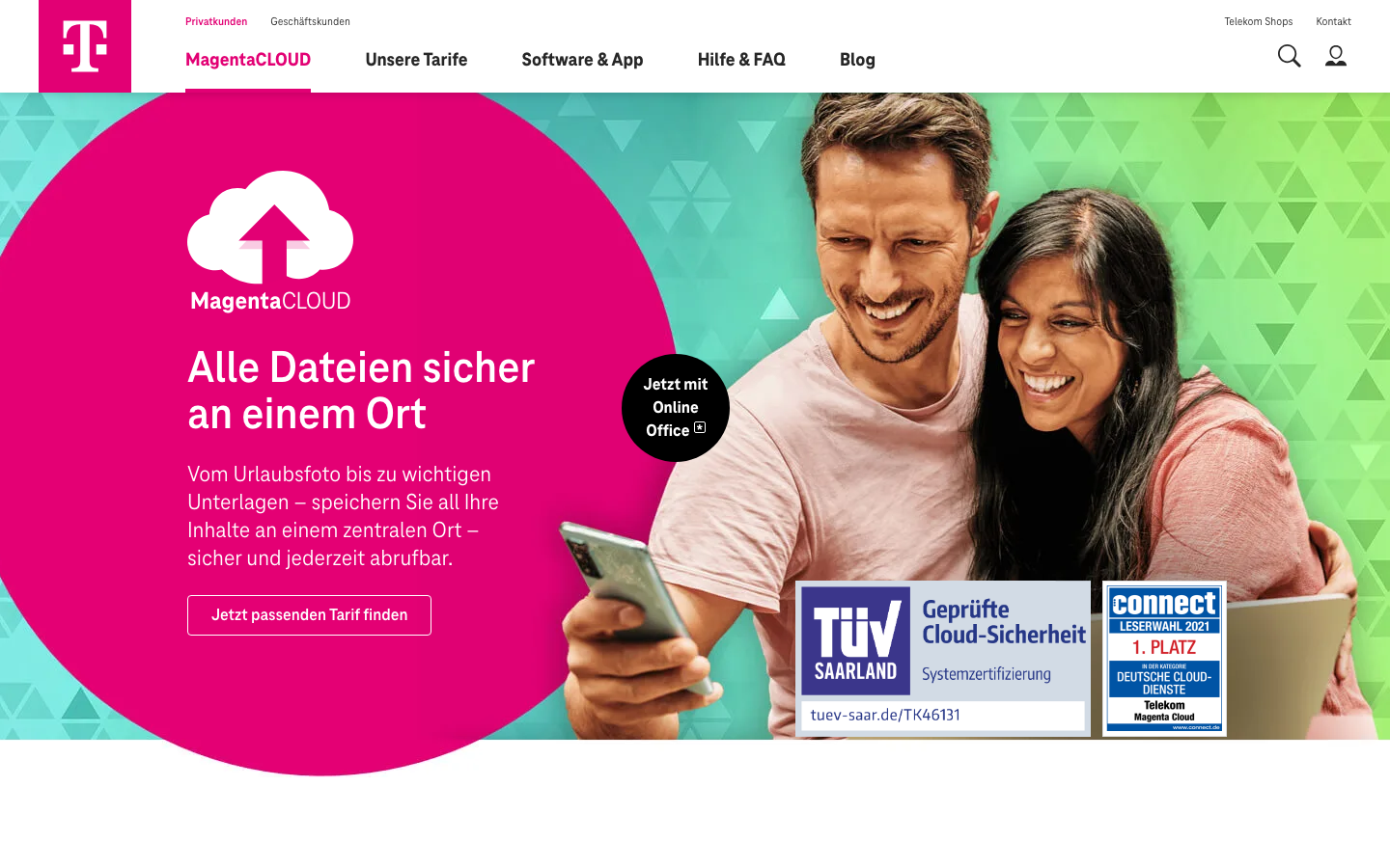 Startseite von MagentaCloud, kostenloser Cloud-Speicher der Telekom