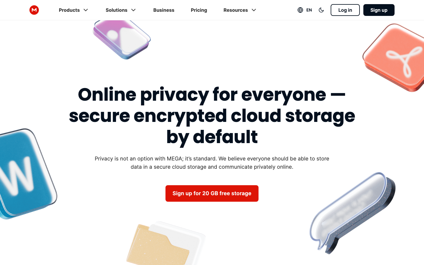 Startseite von MEGA, Anbieter mit 20 GB kostenlosem Cloud-Speicher