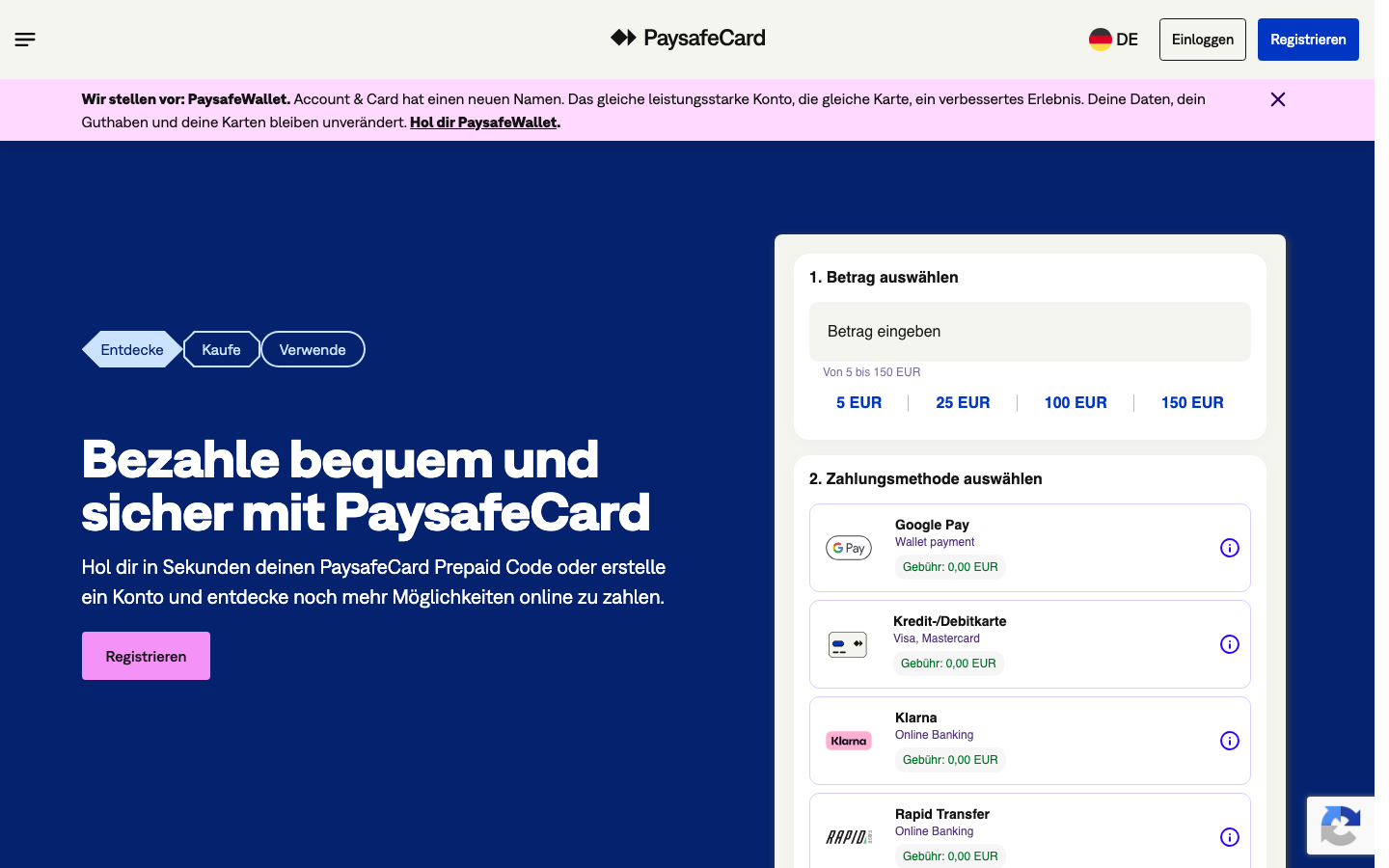 Paysafecard Startseite als Klarna Alternative ohne Bankkonto