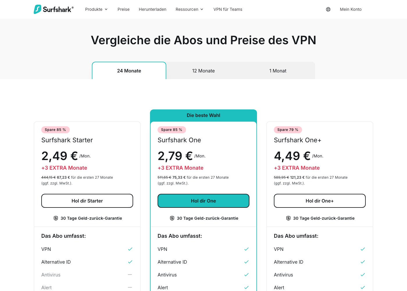 Screenshot der offiziellen Surfshark Preisseite mit den Tarifen Starter, One und One+ im August 2026