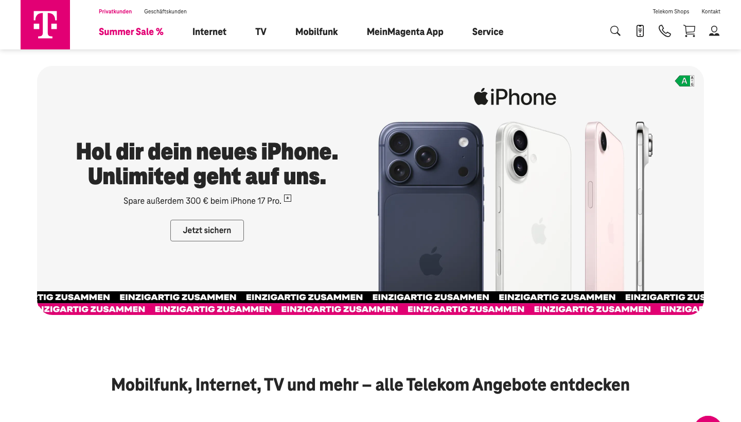 Telekom Startseite mit aktuellen Mobilfunk- und Internetangeboten