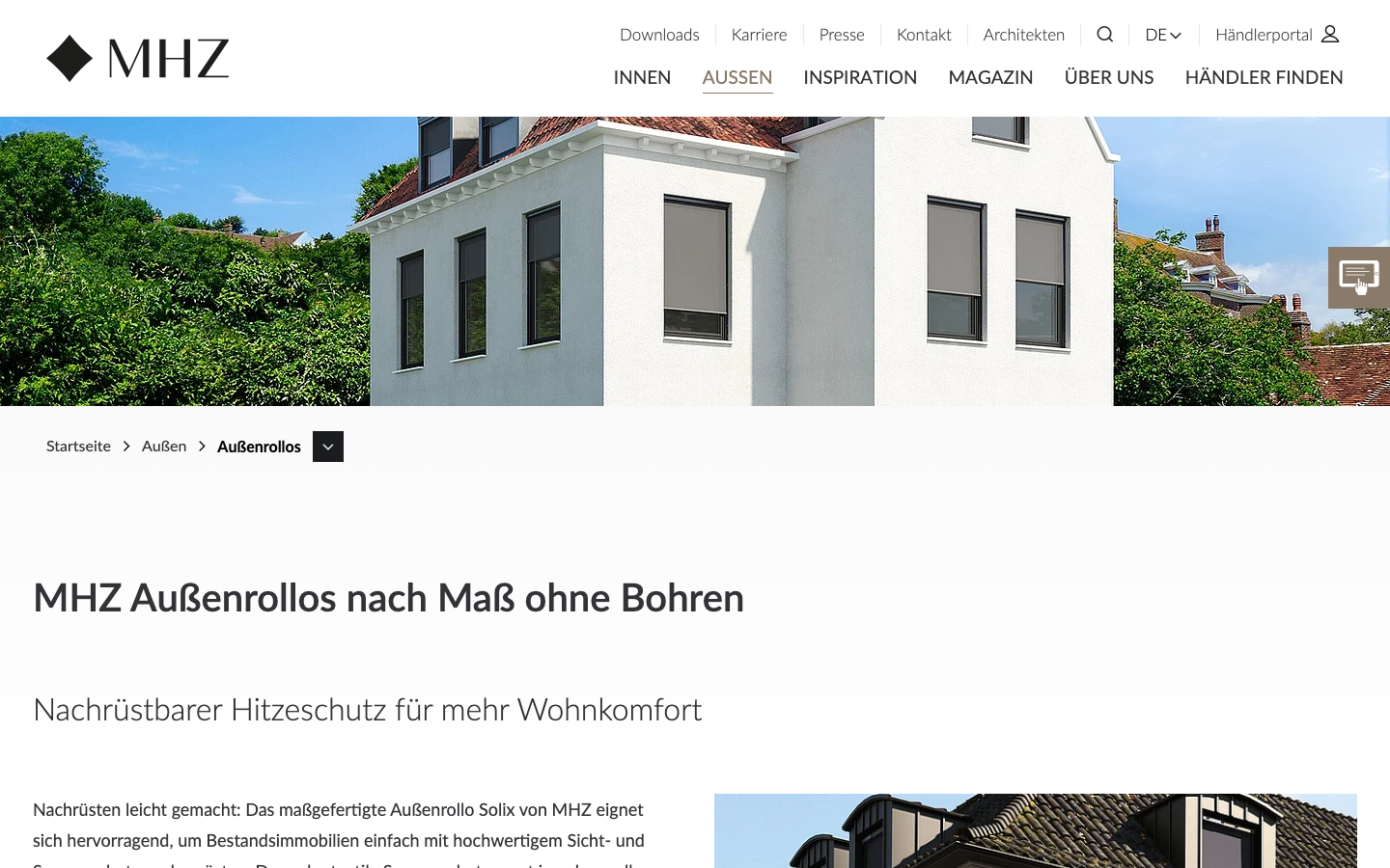MHZ Solix Außenrollo nach Maß ohne Bohren, montiert an einem Wohnhaus