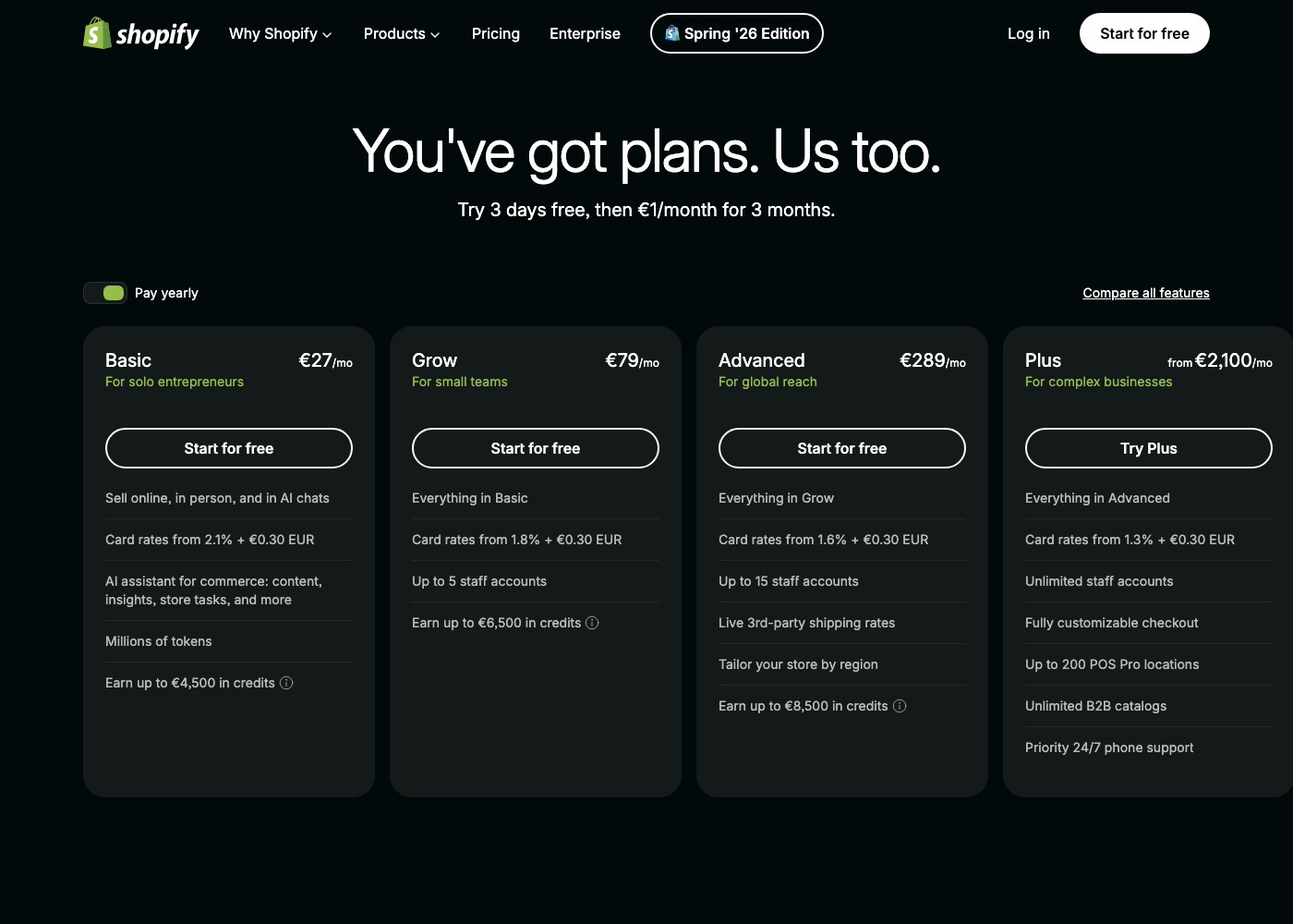 Screenshot der offiziellen Shopify-Preisseite mit allen Tarifen und aktuellen Preisen