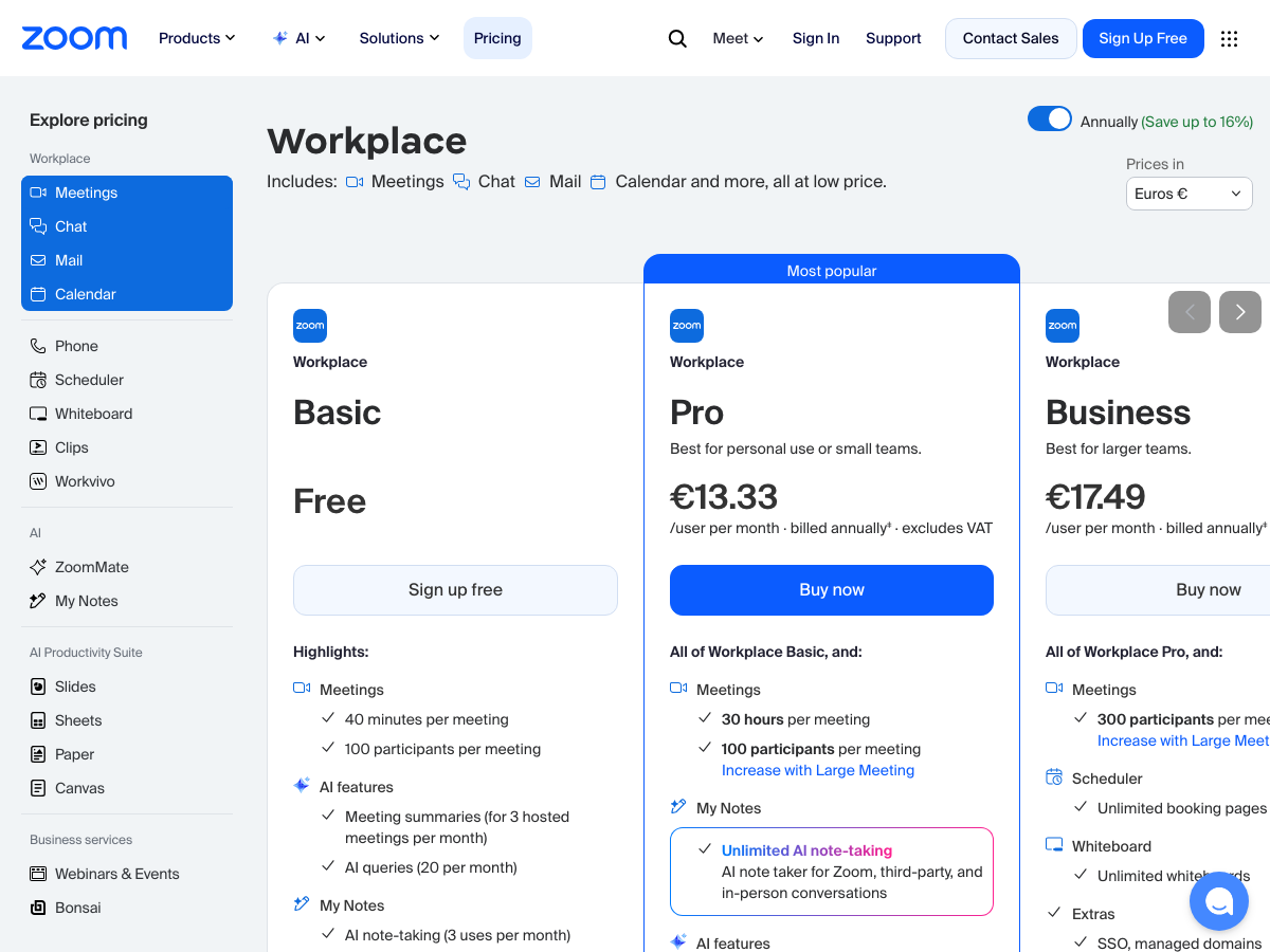 Screenshot der offiziellen Zoom-Preisseite mit Basic-, Pro- und Business-Tarifen in Euro