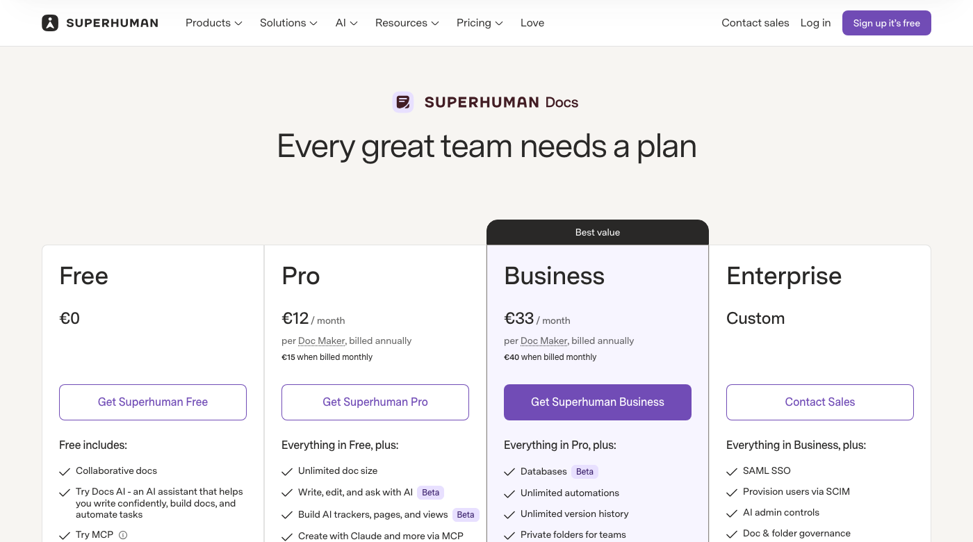 Superhuman Docs Preisseite mit Free-, Pro- und Business-Plan, ehemals Coda