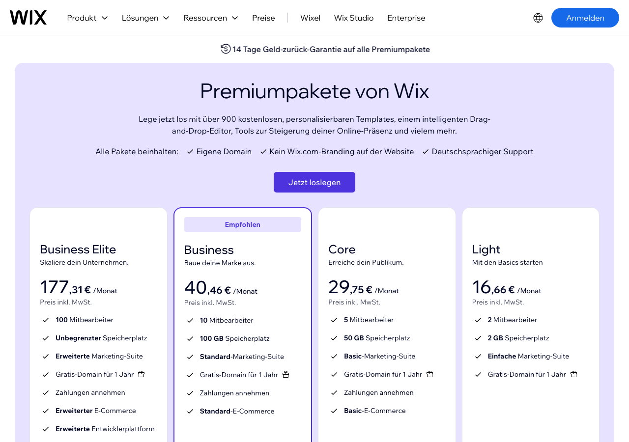 Screenshot der offiziellen Wix Preisseite mit den vier Premiumpaketen Business Elite, Business, Core und Light