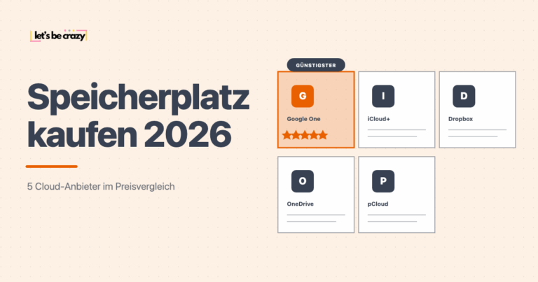 Vergleichsgrafik: Speicherplatz kaufen 2026 bei Google One, iCloud+, Dropbox, OneDrive und pCloud