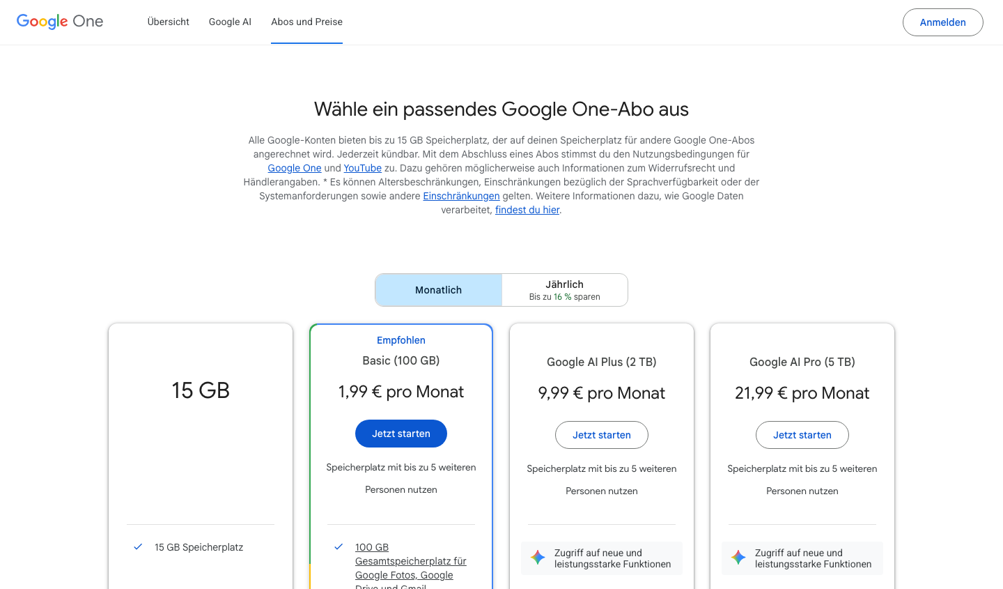 Screenshot der Google One Preisseite mit den aktuellen Speicherplatz-Tarifen auf Deutsch.
