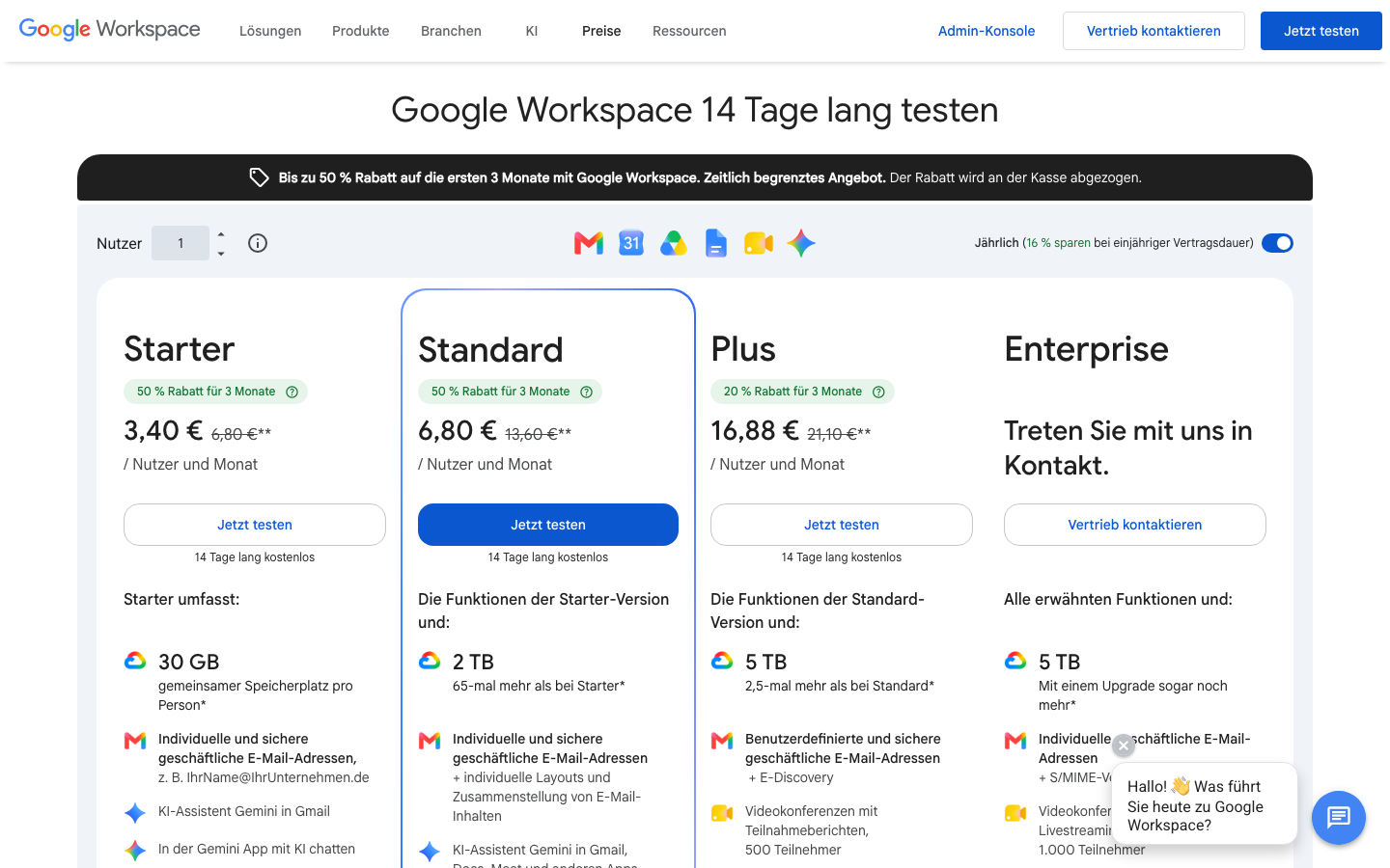 Screenshot der offiziellen Google-Workspace-Preisseite mit den vier Business-Tarifen im September 2026.