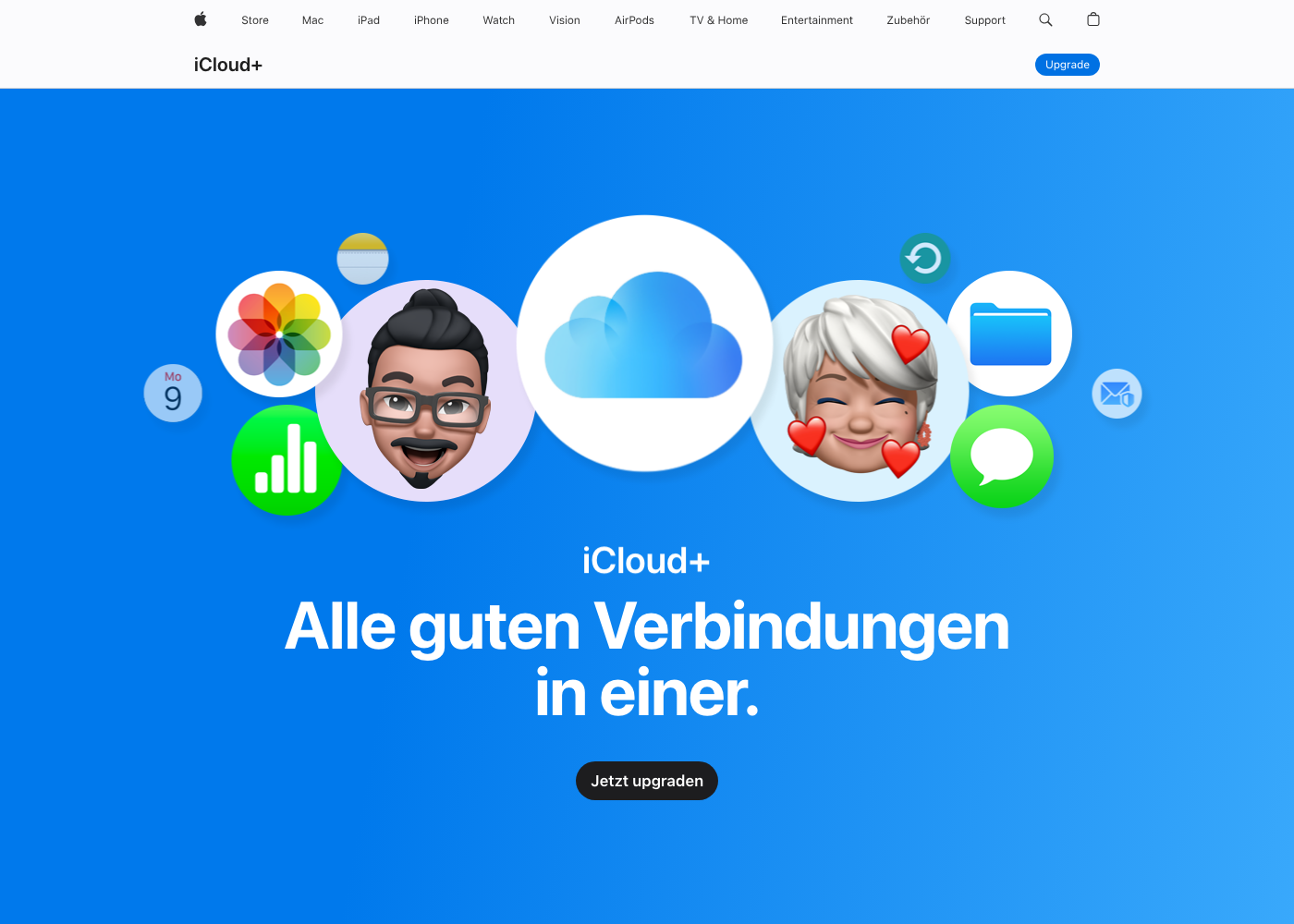 Screenshot der Apple iCloud+ Produktseite mit der Geräte- und App-Integration.