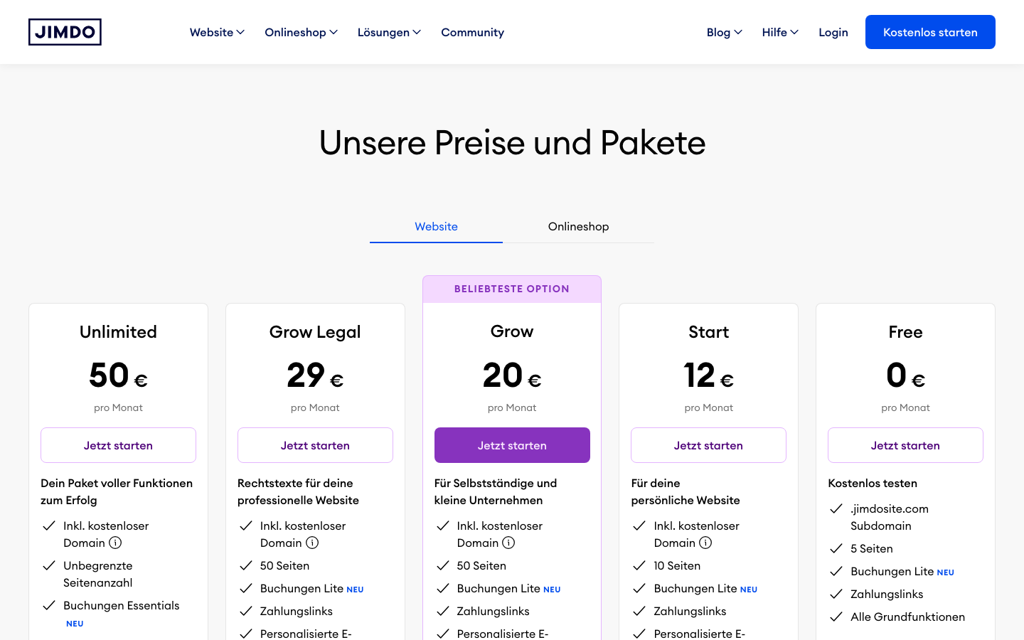 Screenshot der offiziellen Jimdo-Preisseite mit den fünf Website-Tarifen und ihren Monatspreisen.