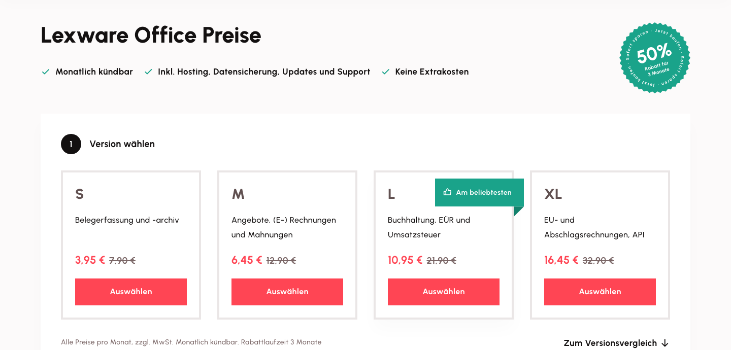 Screenshot der offiziellen Lexware-Office-Preisseite mit den vier Tarifen S, M, L und XL.