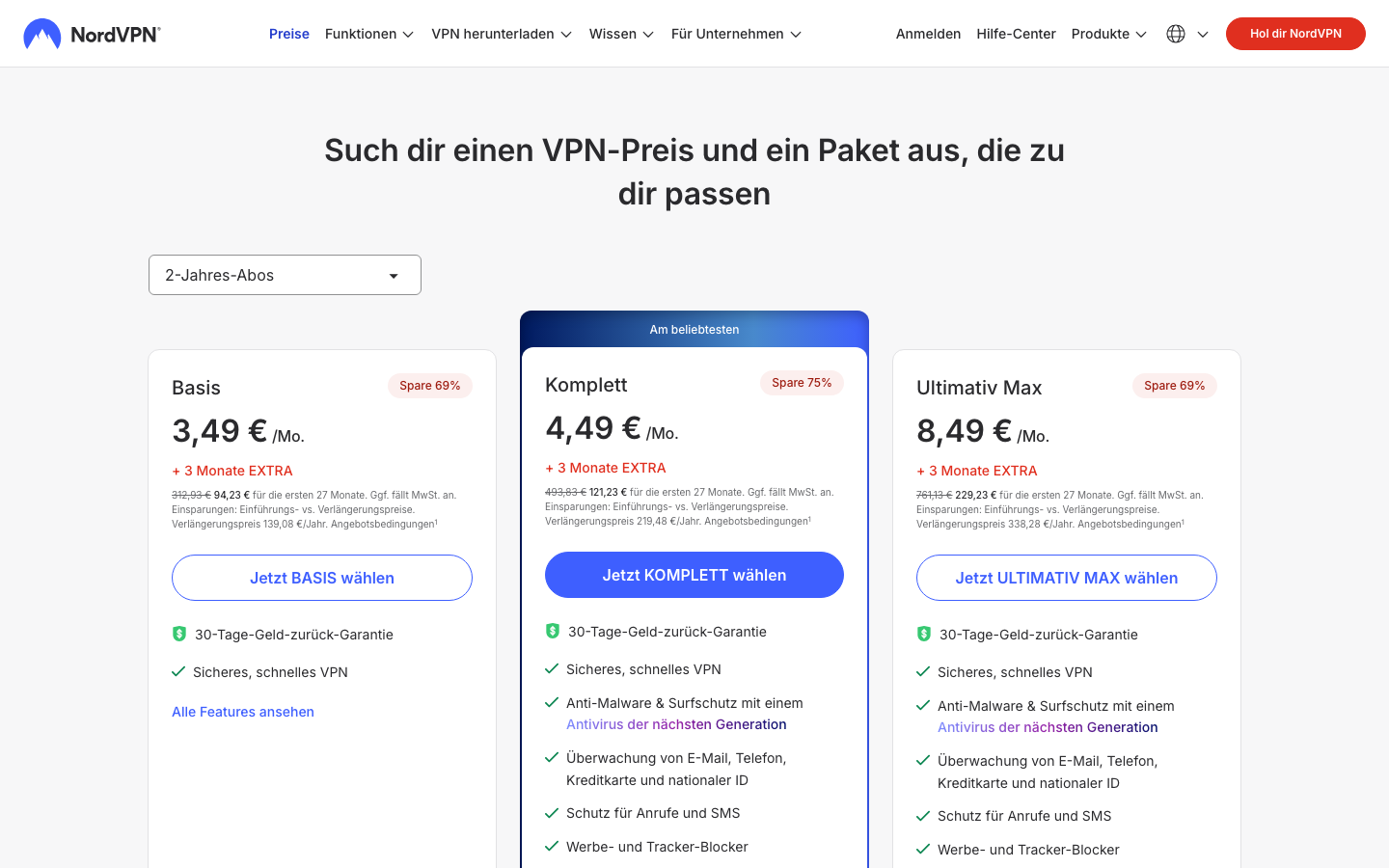 Screenshot der offiziellen NordVPN Preisseite mit den aktuellen Tarifen