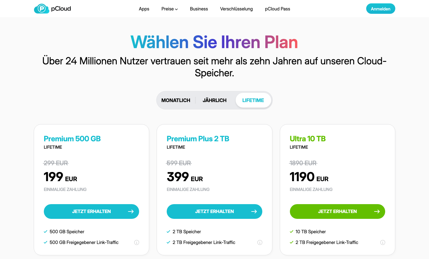 Screenshot der pCloud Preisseite mit den Lifetime-Tarifen als Einmalzahlung.