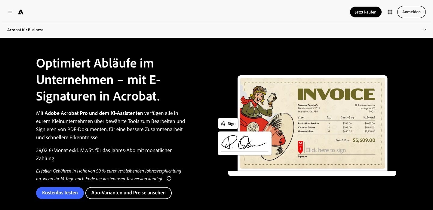 Seite von Adobe Acrobat für Business zu E-Signaturen in Acrobat