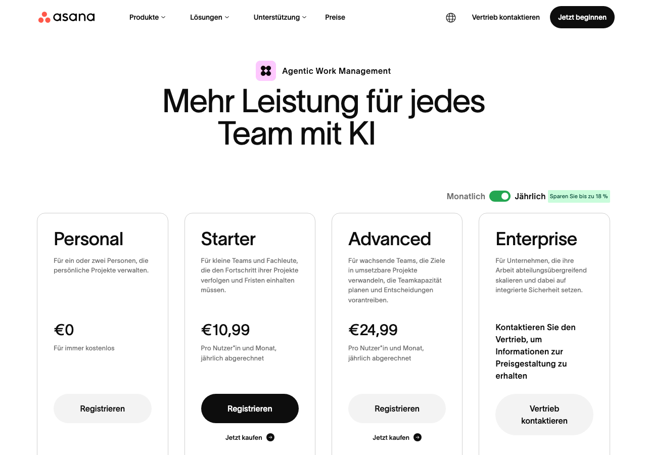 Screenshot der offiziellen Asana-Preisseite für Deutschland mit den Tarifen Personal, Starter und Advanced.