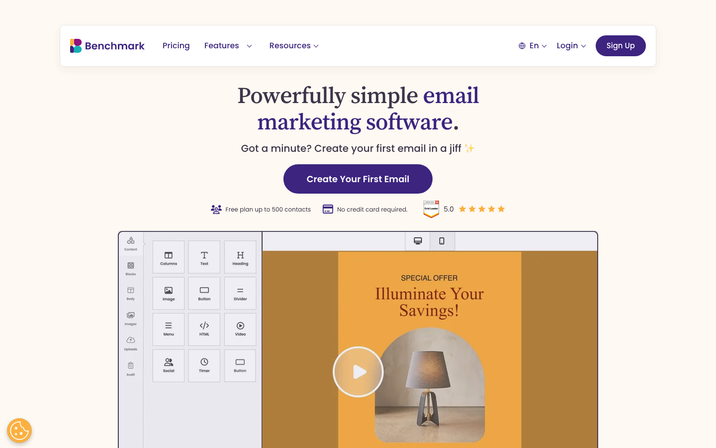 Startseite von Benchmark Email mit Drag-and-Drop-Editor