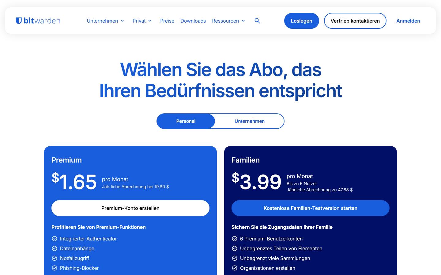 Bitwarden-Preisseite auf Deutsch zeigt Premium für 1,65 Dollar und Families für 3,99 Dollar pro Monat, abgerechnet in US-Dollar.
