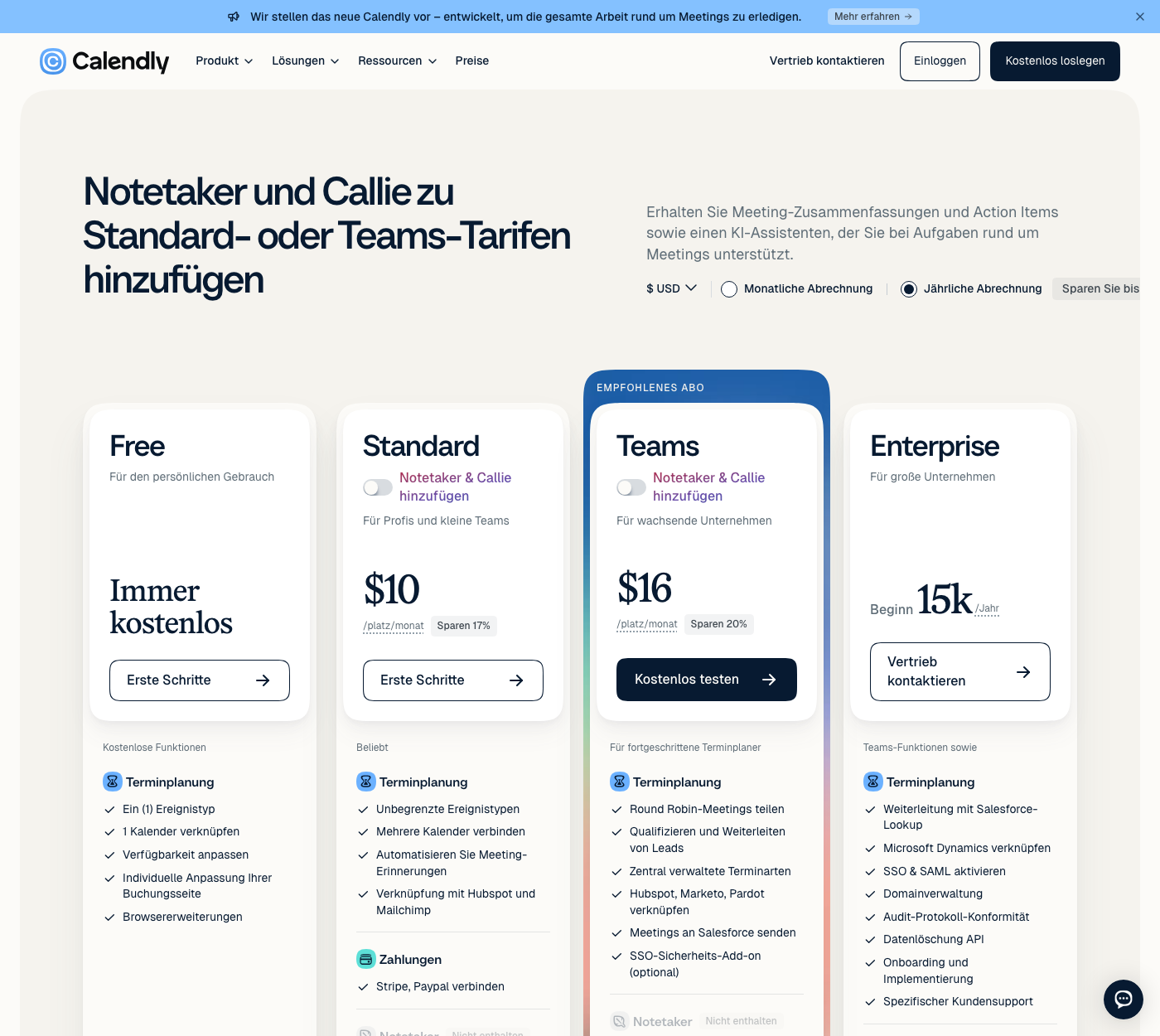 Screenshot der offiziellen Calendly-Preisseite mit Free-, Standard-, Teams- und Enterprise-Tarif
