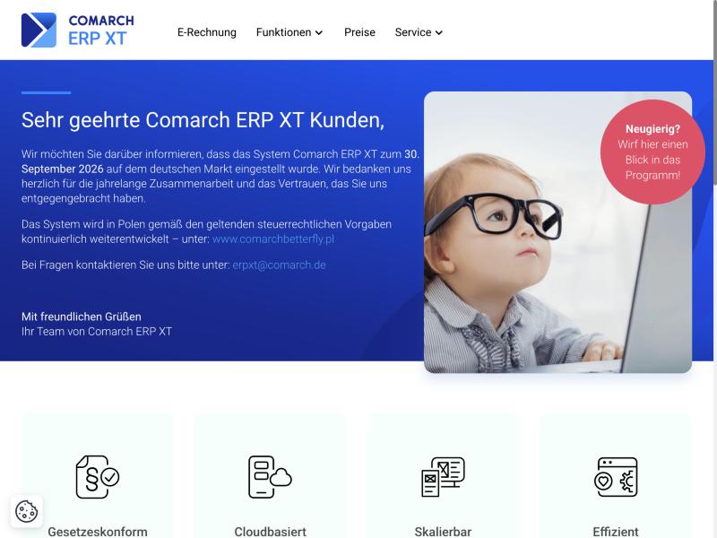 Comarch ERP XT Abschaltungs-Hinweis auf erpxt.de