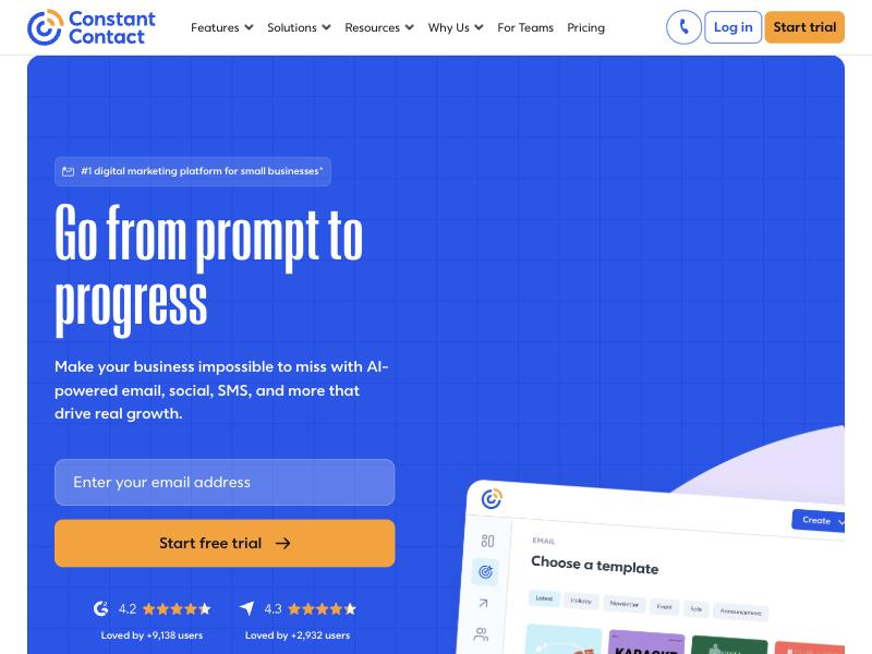 Startseite von Constant Contact mit Anmeldeformular