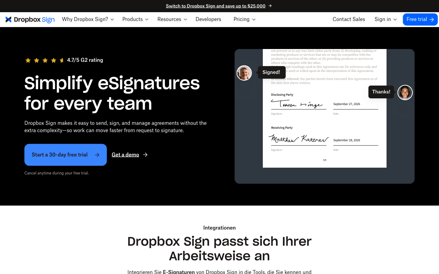 Startseite von Dropbox Sign mit unterschriebenem Beispielvertrag