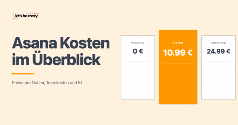 Preiskarten der Asana-Tarife Personal, Starter und Advanced mit Preisen in Euro.