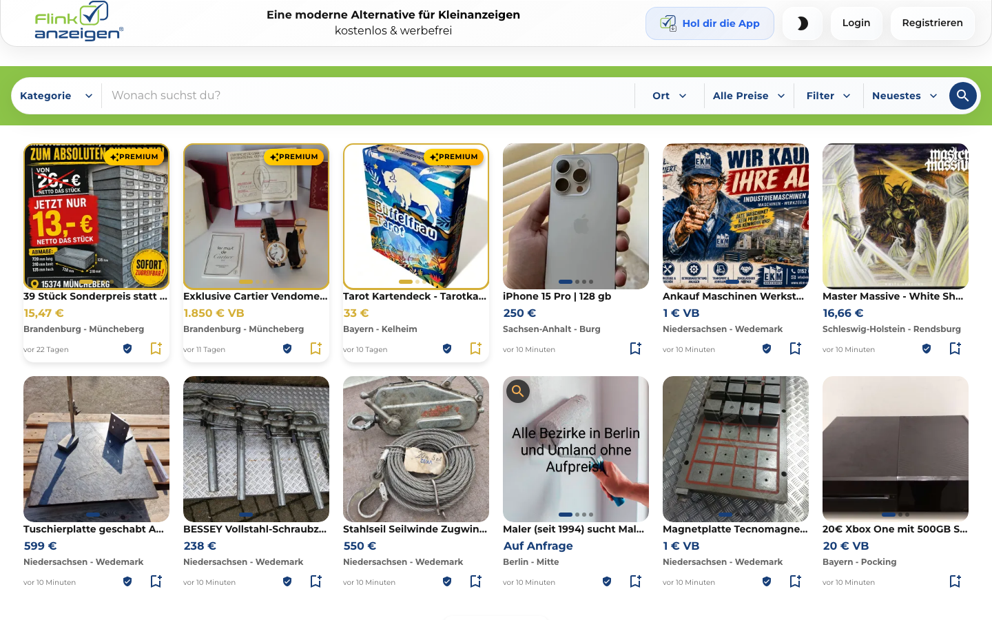 Flinkanzeigen.de Startseite mit aktuellen Kleinanzeigen in Kachelansicht.